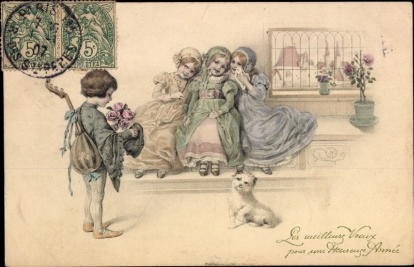 Künstler Ak Glückwunsch Neujahr, Kinder, Hund