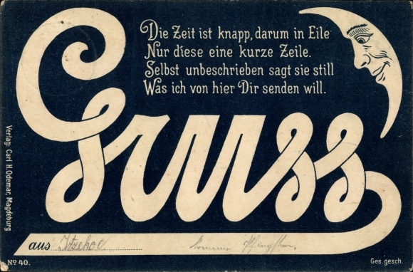 Buchstaben Ak Gruß, Die Zeit ist knapp, darum in Eile, Mondgesicht