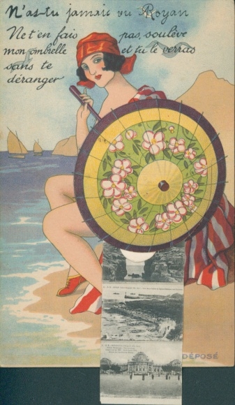 Leporello Ak Royan Charente Maritime, Teilansichten, Strand, Dame mit Schirm