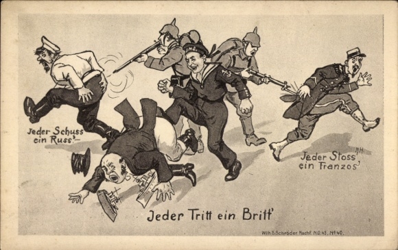 Künstler Ak Jeder Tritt ein Britt', Jeder Stoß ein Franzos, Jeder Schuss ein Russ, I. WK