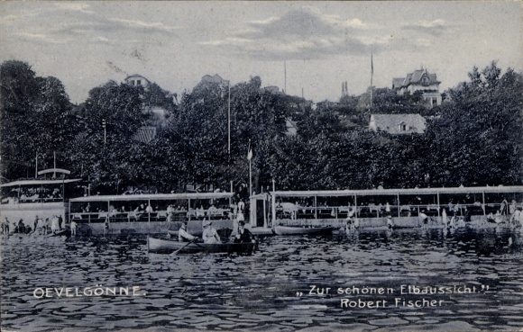 Ak Hamburg Altona Oevelgönne, Wasser,Pavillons,Bäume,Häuser,Hügel,Boote,Texthinweise 'OEVELGON...