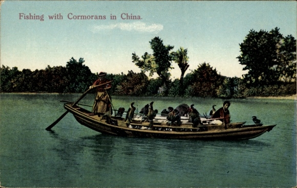Ak China, Fischer mit Kormoranen, Fischerboot