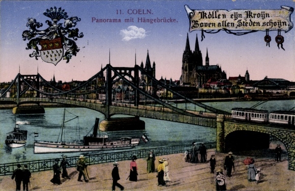 Ak Köln am Rhein, Panorama mit Hängebrücke, Wappen, Dampfer, Dom
