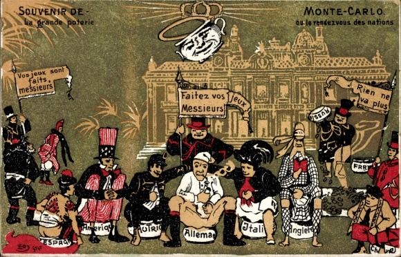 Ak Monte Carlo Monaco, Treffpunkt der Nationen, Nachttöpfe, Deutschland, Österreich, USA, Italien