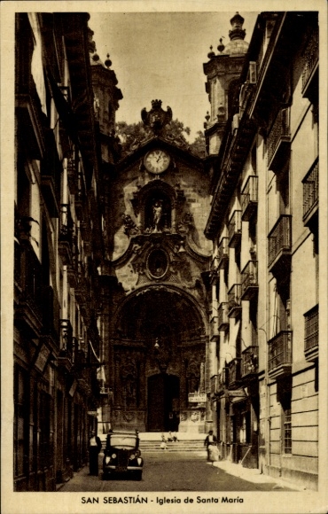 Ak Donostia San Sebastian Baskenland, Iglesia de Santa Maria, Straße, Auto, Schwarz-Weiß-Foto