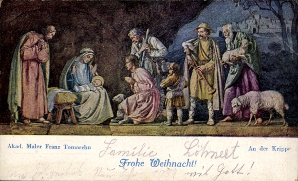 Künstler Ak Tomaschu, Franz, Frohe Weihnacht, An der Krippe