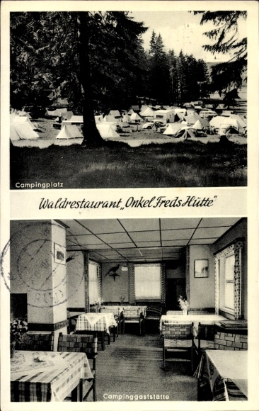 Ak Braunlage im Harz, Waldrestaurant Onkel Freds Hütte, Campingplatz