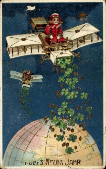 Ak Glückwunsch Neujahr,  Mädchen, Flugzeug, Glücksklee, Geld