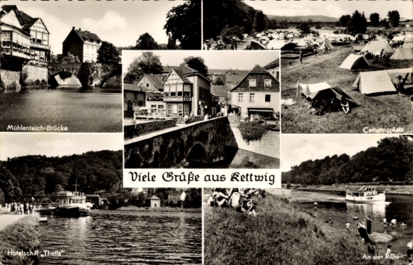 Ak Kettwig Essen im Ruhrgebiet, Mühlenteich Brücke, Campingplatz, Hotelschiff Thells