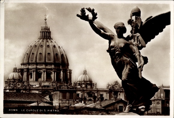 Ak Vatikan Rom Lazio, Skulptur eines Engels, Kuppeln von Sankt Peter, sepiafarbene Darstellung