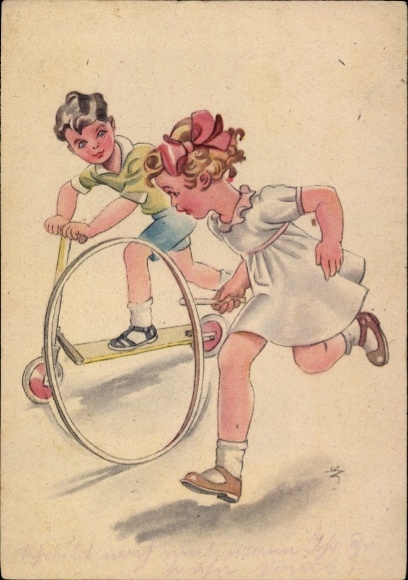 Künstler Ak Mädchen mit Reifen, Junge fährt Roller