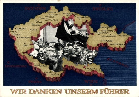 Ganzsachen Ak Wir danken unserm Führer, Landkarte Tschechoslowakei, Propaganda