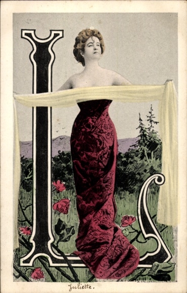 Buchstaben Ak Buchstabe L, Frau in dunkelrotem Kleid