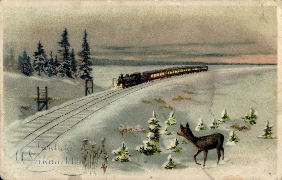 Ak Frohe Weihnachten, Eisenbahnstrecke in verschneiter Landschaft, Reh