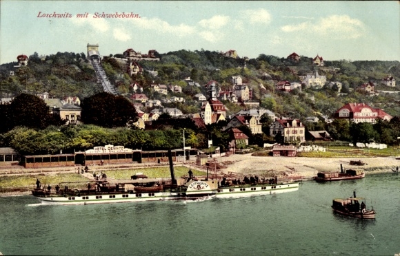 Ak Dresden Loschwitz, Gesamtansicht mit Schwebebahn, Dampfer Leitmeritz