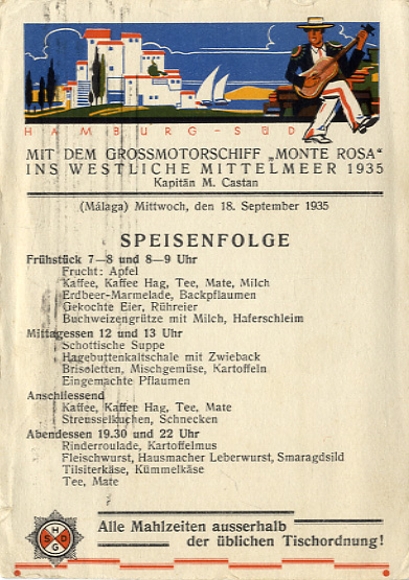 Menükarte, Dampfer Monte Rosa, 18. September 1935, Speisefolge