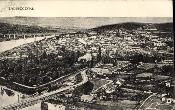 Ak Salischtschyky Zaleszczyki Ukraine, Luftaufnahme von  Stadtansicht, Brücke, Fluss