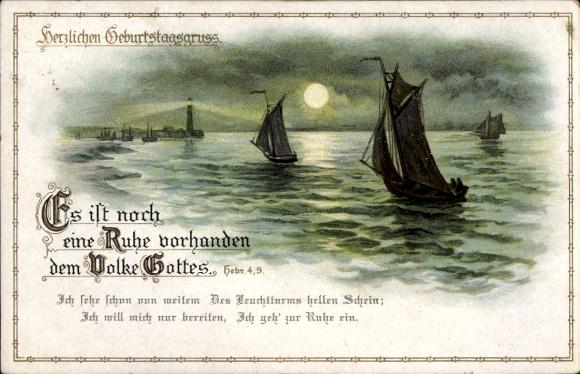 Mondschein Ak Glückwunsch Geburtstag, Segelboote, Bibelzitat, Es ist noch eine Ruhe..., Hebr. 4,9