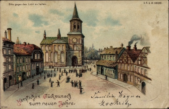 Halt gegen das Licht Litho Glückwunsch Neujahr, Kirche, Marktplatz