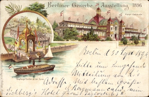 Litho Berlin, Gewerbe-Ausstellung 1896, Empfangs-Pavillon, Spree, Forst-Gebäude