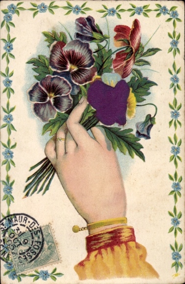 Präge Material Ak Weibliche Hand, Blumen, Stiefmütterchen