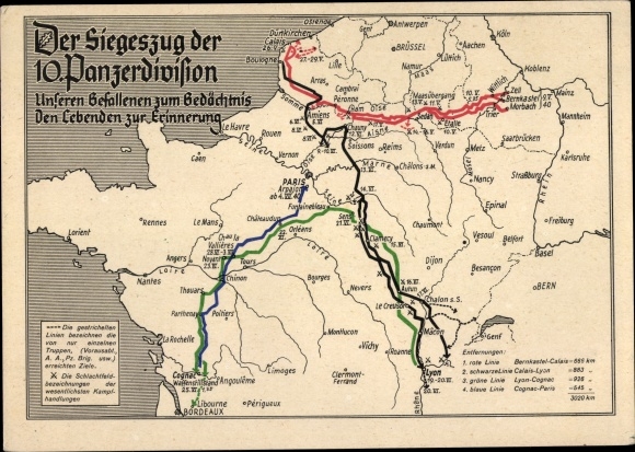 Landkarte Ak Deutsche Wehrmacht, Siegeszug 10. Panzerdivision, Westfeldzug, General Ferdinand Schaal