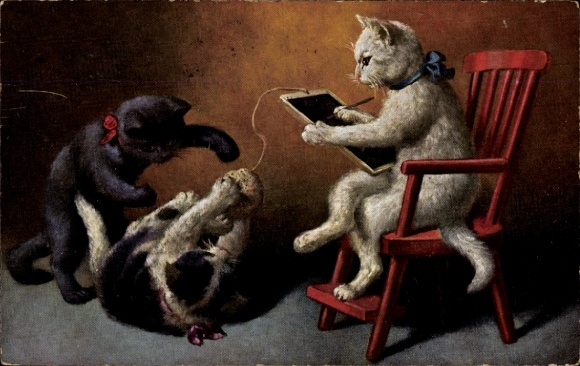 Ak Vermenschlichte Katzen, Weiße Katze mit Schultafel