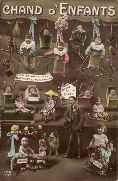 Ak Chand d'Enfants, Babys in Schachteln, Schlitten, Trommel, Eimer, Fotomontage