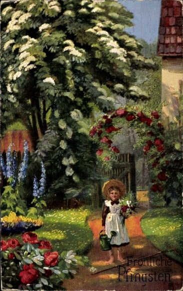 Künstler Ak Glückwunsch Pfingsten, Mädchen im Garten