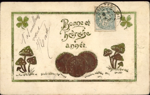 Präge Ak Glückwunsch Neujahr, Kleeblatt, Pilze, Münzen