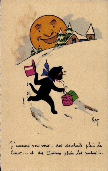 Künstler Ak Kat, Schwarze Katze, Geschenke