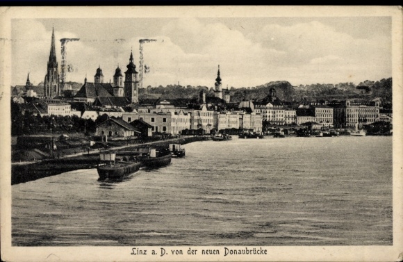 Ak Linz an der Donau Oberösterreich, Linz an der Donau, Donaubrücke, Flussansicht,  