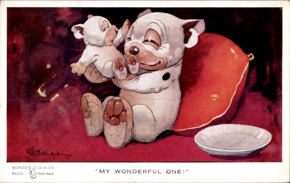 Künstler Ak Studdy, G., Bonzo the Dog, Hund mit Welpe