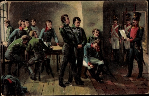 Künstler Ak Aus großer Zeit, Verkündigung des Todesurteils an die 11 Schillschen Offiziere 1809