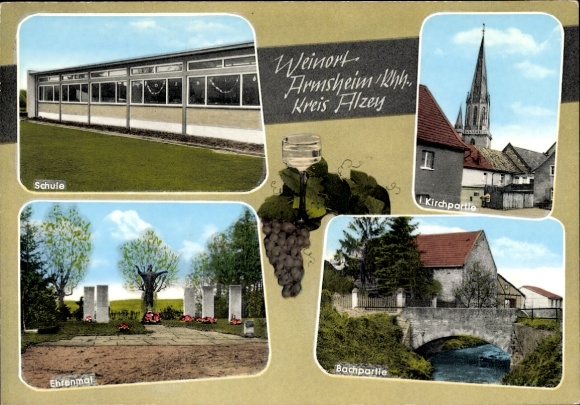 Ansichtskarte / Postkarte Armsheim in Rheinhessen, Schule, Kirche ...