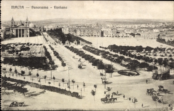 Ak Floriana Malta, Panorama von  Stadtansicht, Straßen mit Bäumen, Kutschen