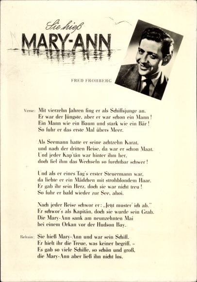 Lied Ak Sänger Fred Frohberg, Portrait, Liedtext Sie hieß Mary-Ann