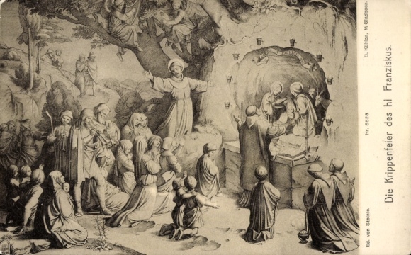 Künstler Ak Glückwunsch Weihnachten und Neujahr, Krippenfeier des heiligen Franziskus